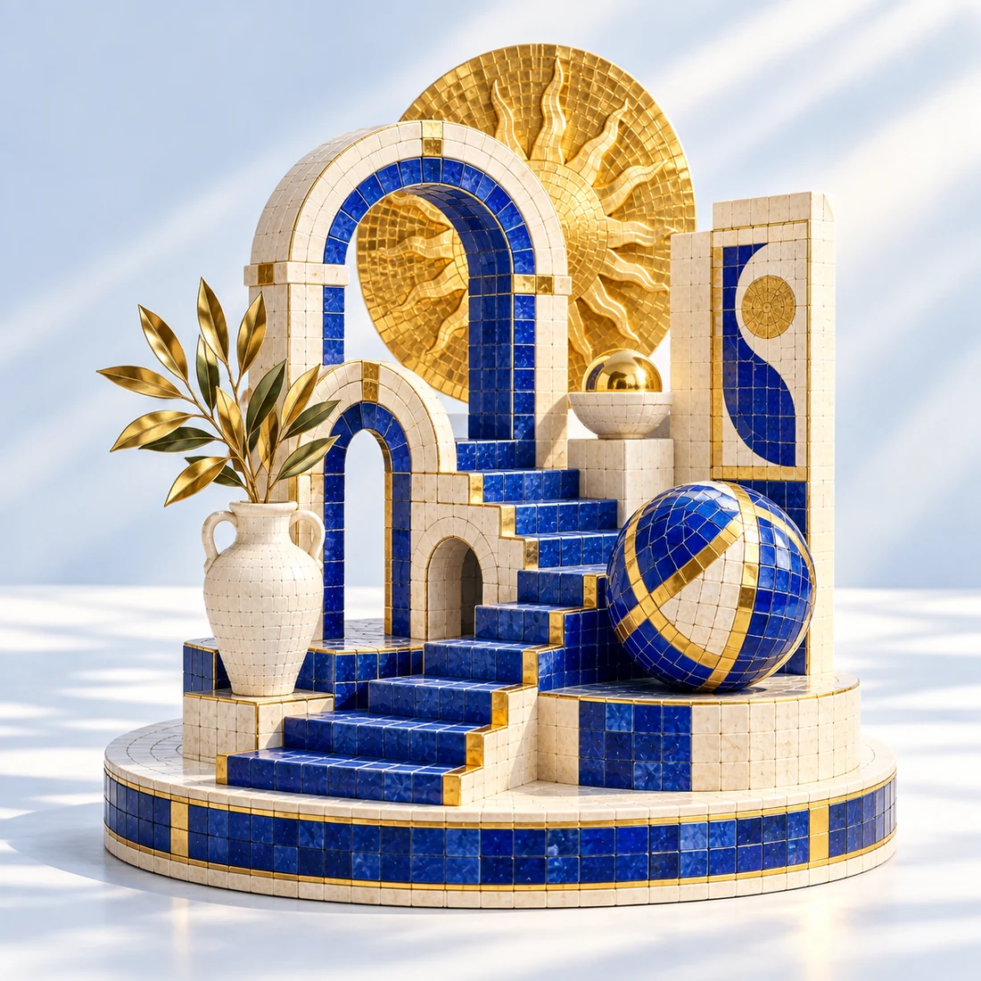 A sculptural world of cobalt mosaic arches, ivory stone and golden sunlight