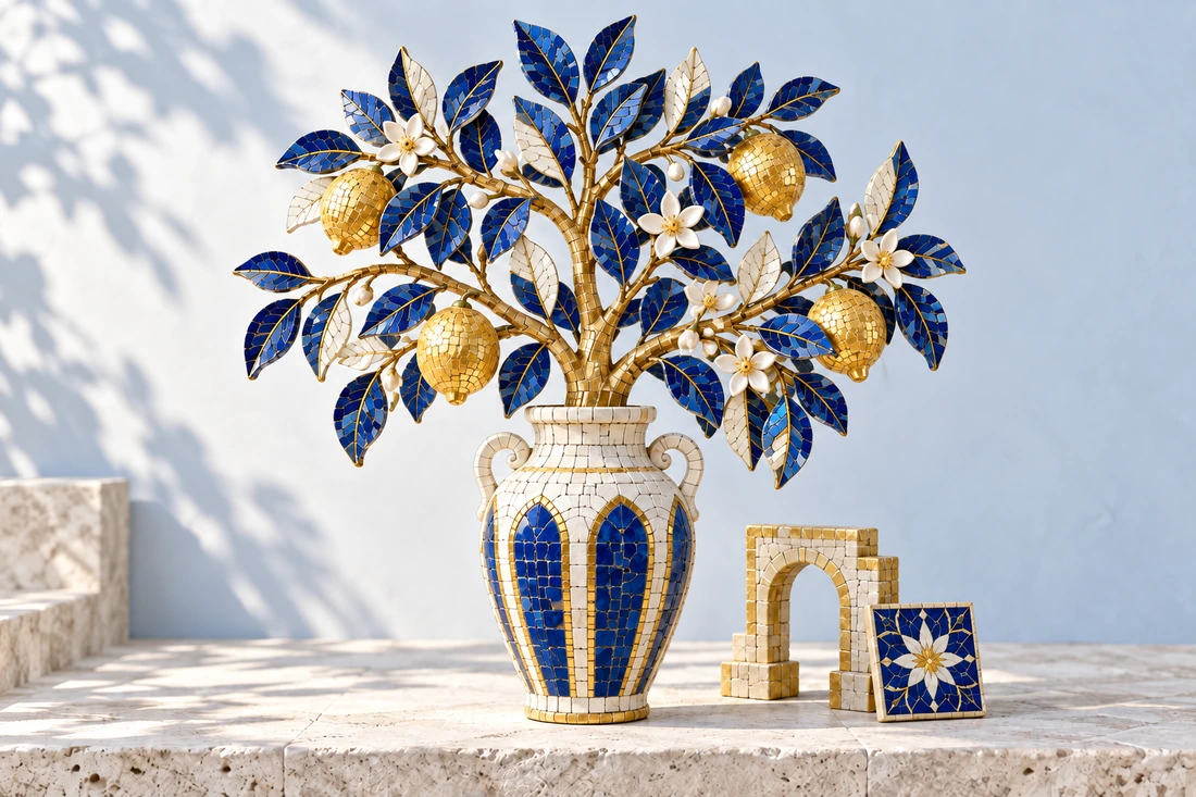Cobalt and gold mosaic citrus leaves in an ivory vase