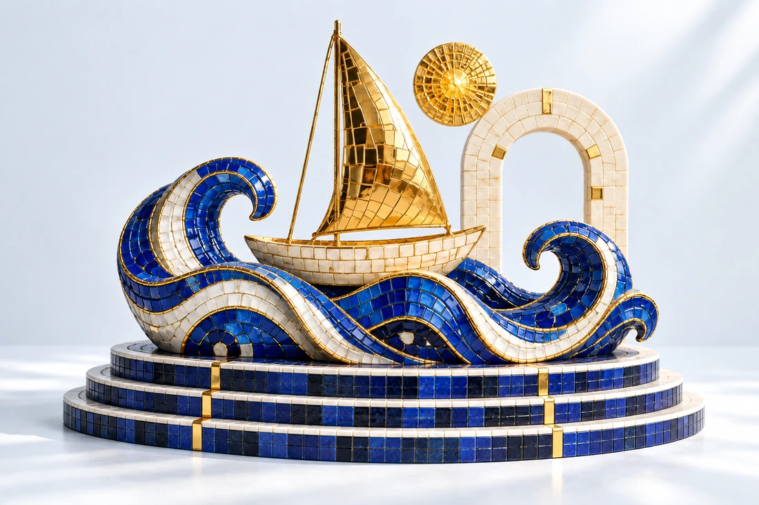 A gold mosaic sailboat setting out over sculptural cobalt waves